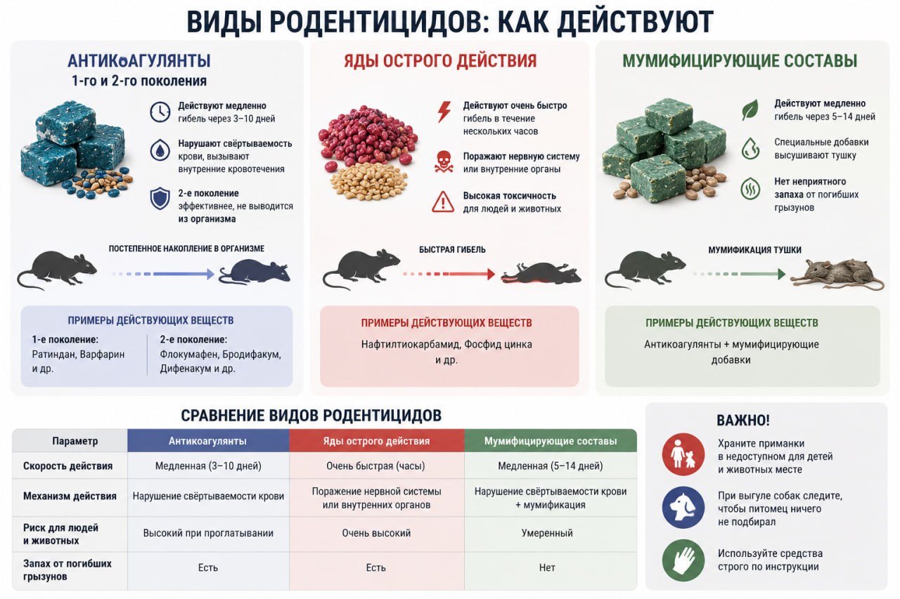 Антикоагулянты первого и второго поколения, яды острого действия и мумифицирующие составы